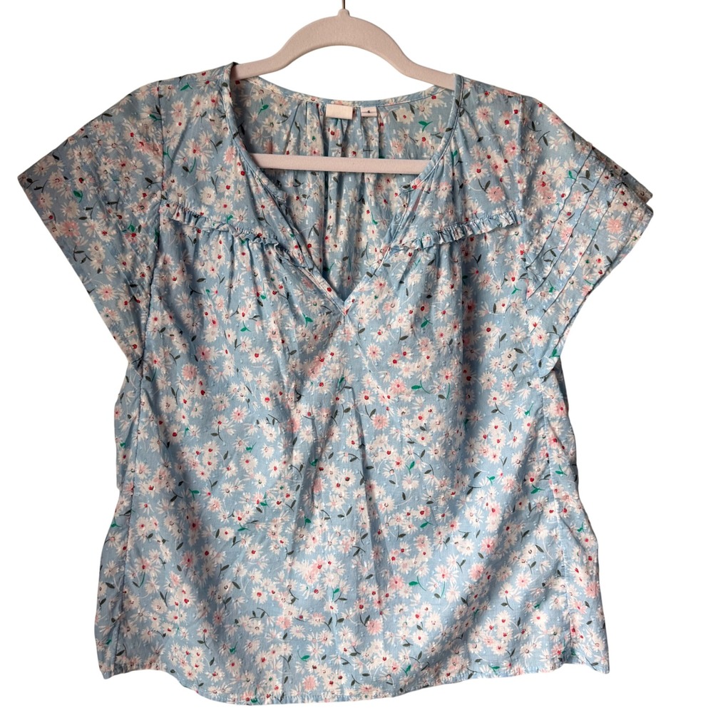 Gap 100% Cotton Blouse Blue Pink‎ Floral Print Peasant Split Neck Ruffle Small